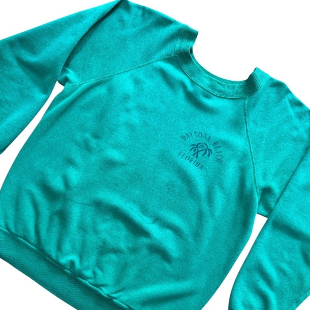 Vintage 80s Pannill Daytona Beach Florida USA Teal Raglan Surf Palm Tree Sweater - Picture 2 of 8